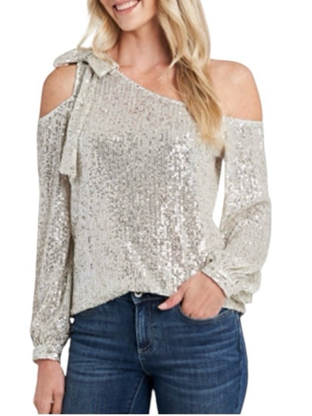 CeCe Silver Sequin One-Shoulder Cold-Shoulder Top with Bow